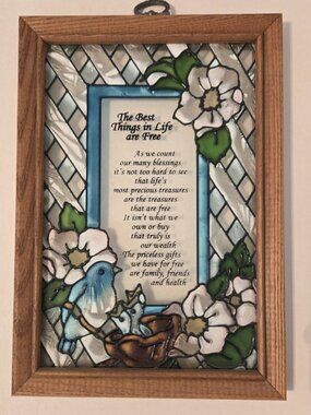 Stained Glass Panel Bluebirds & Flowers in Wood Frame 10x7" The Best Things In